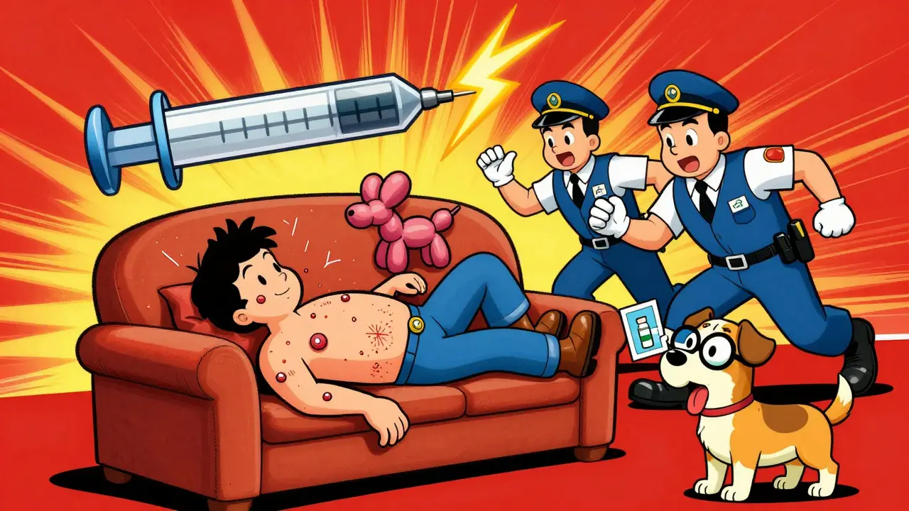 Person collapsing with hives as paramedics rush in with a giant EpiPen, dog holding a medication photo.