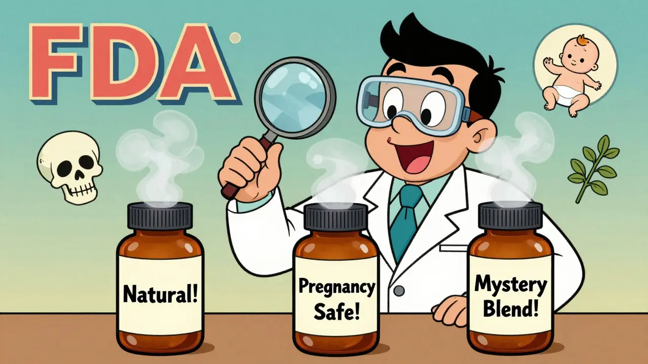 Pharmacist examining unlabeled supplement bottles with magnifying glass, revealing hidden dangers in cartoon style.