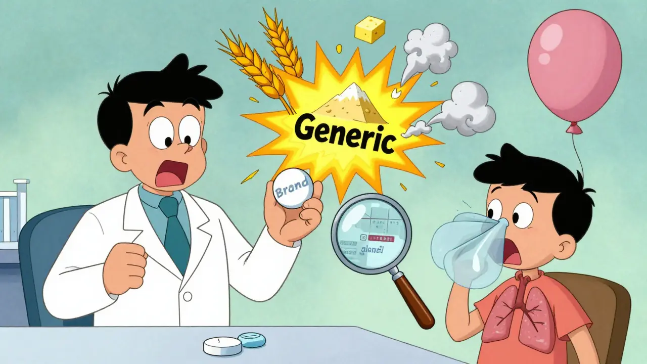 Pharmacist holding two pills—one clean, one exploding with allergens—as a patient with asthma gasps dramatically.