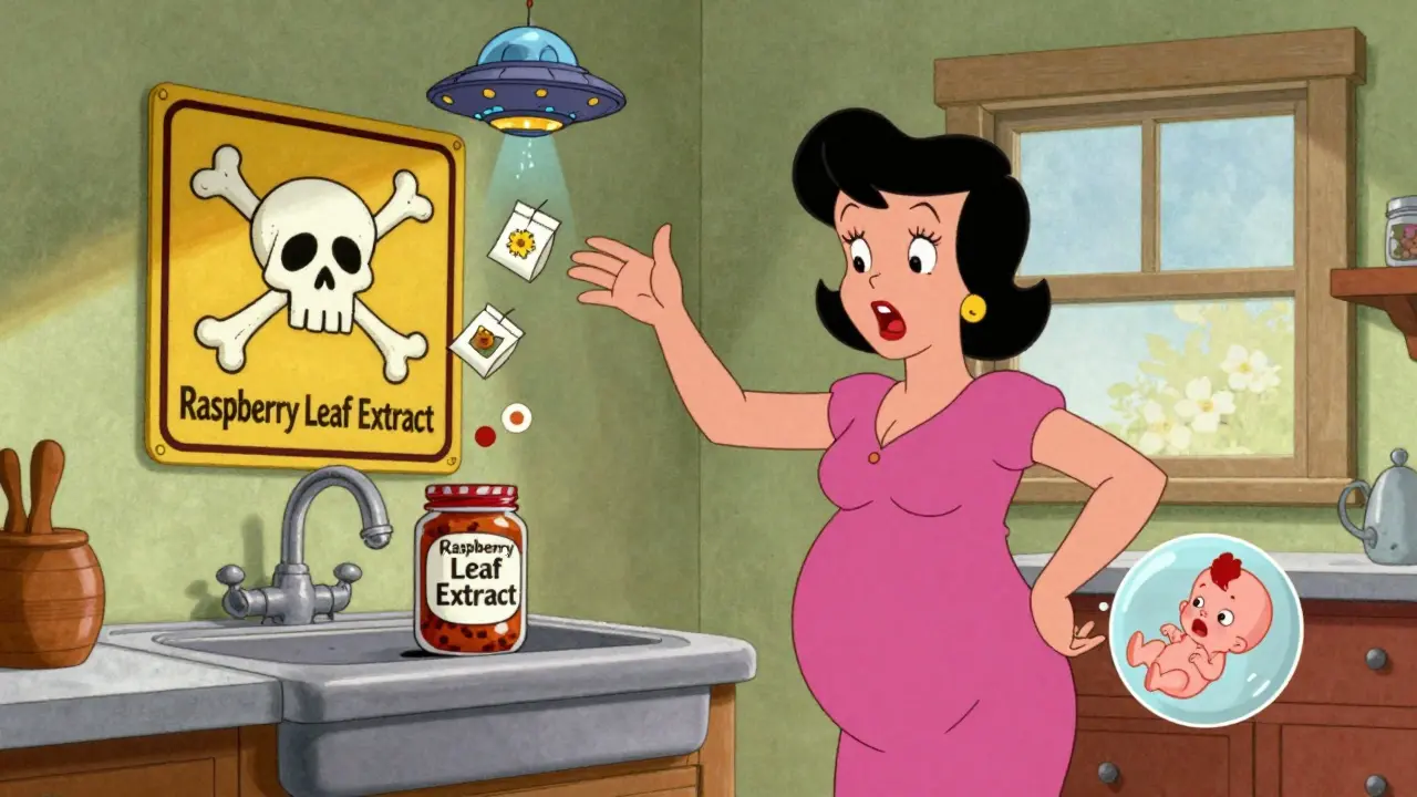 Pregnant woman reaching for raspberry leaf extract while warning signs and floating chamomile tea bags create chaos.