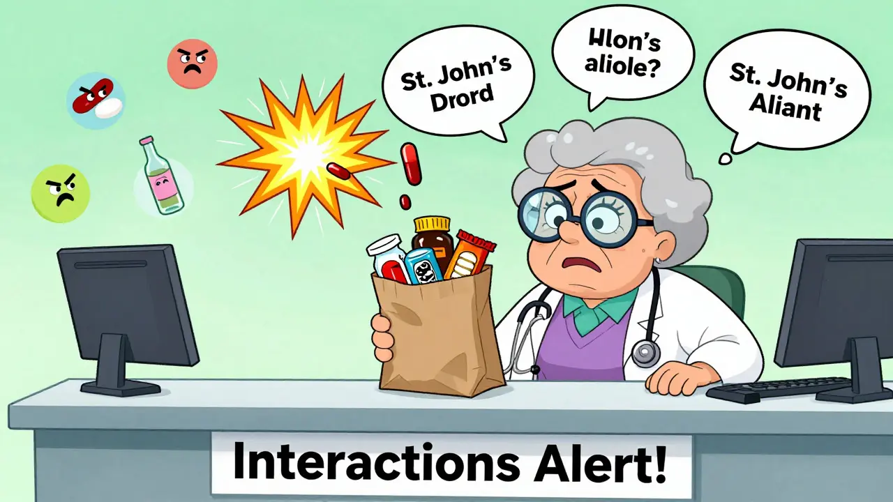 Senior woman with brown bag of pills and licorice, pharmacist checking for drug interactions in Hanna-Barbera style.