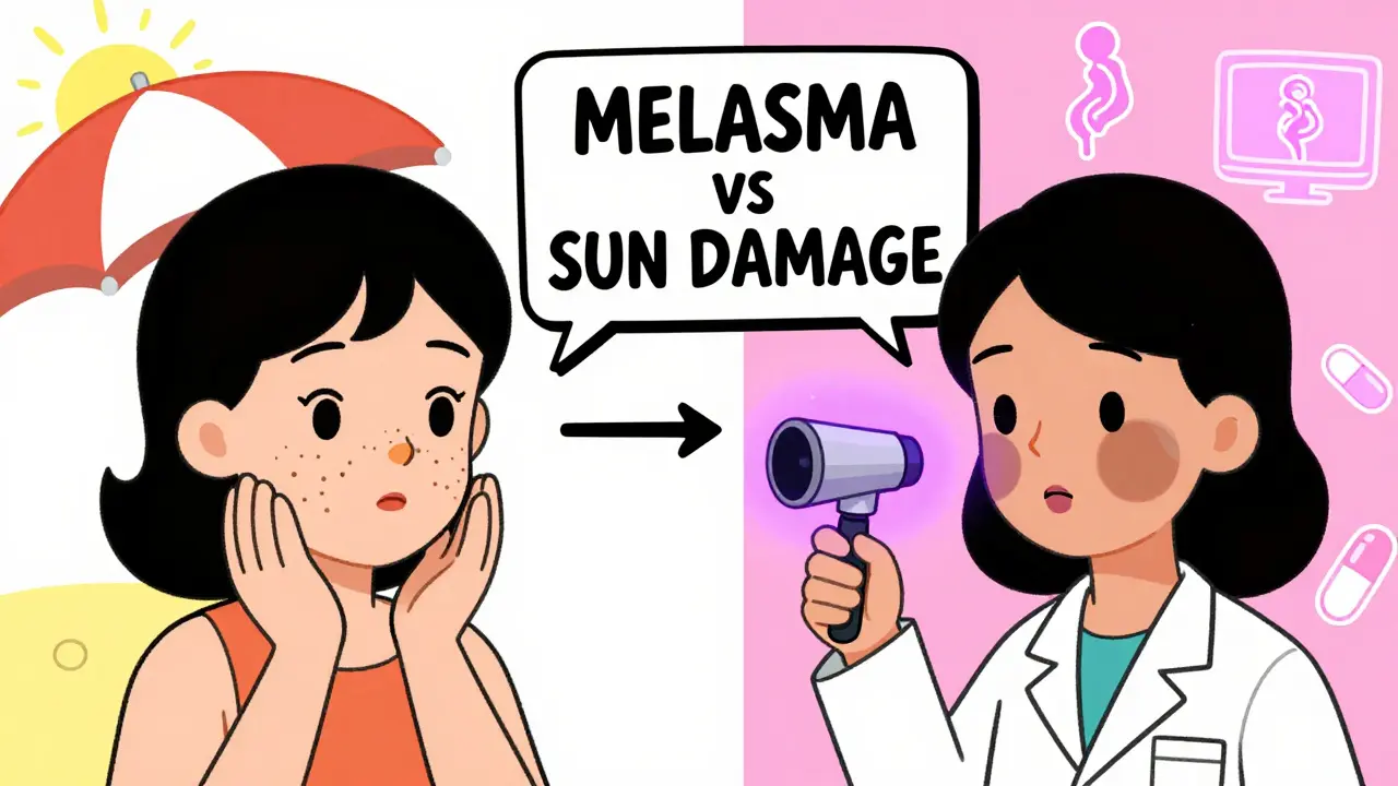 Split cartoon scene comparing melasma (blurry patches) and sun damage (small spots) with hormonal and UV symbols.