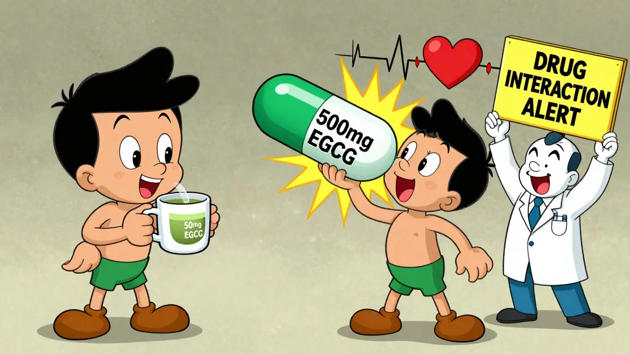 Split scene: calm tea drinker vs. person in danger from concentrated green tea extract.