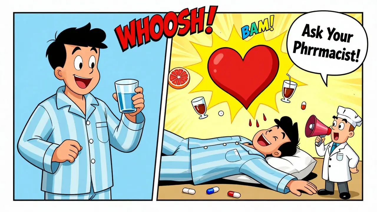 Split scene: man taking meds happily vs collapsing with heart explosion, surrounded by dangerous substances in cartoon style.