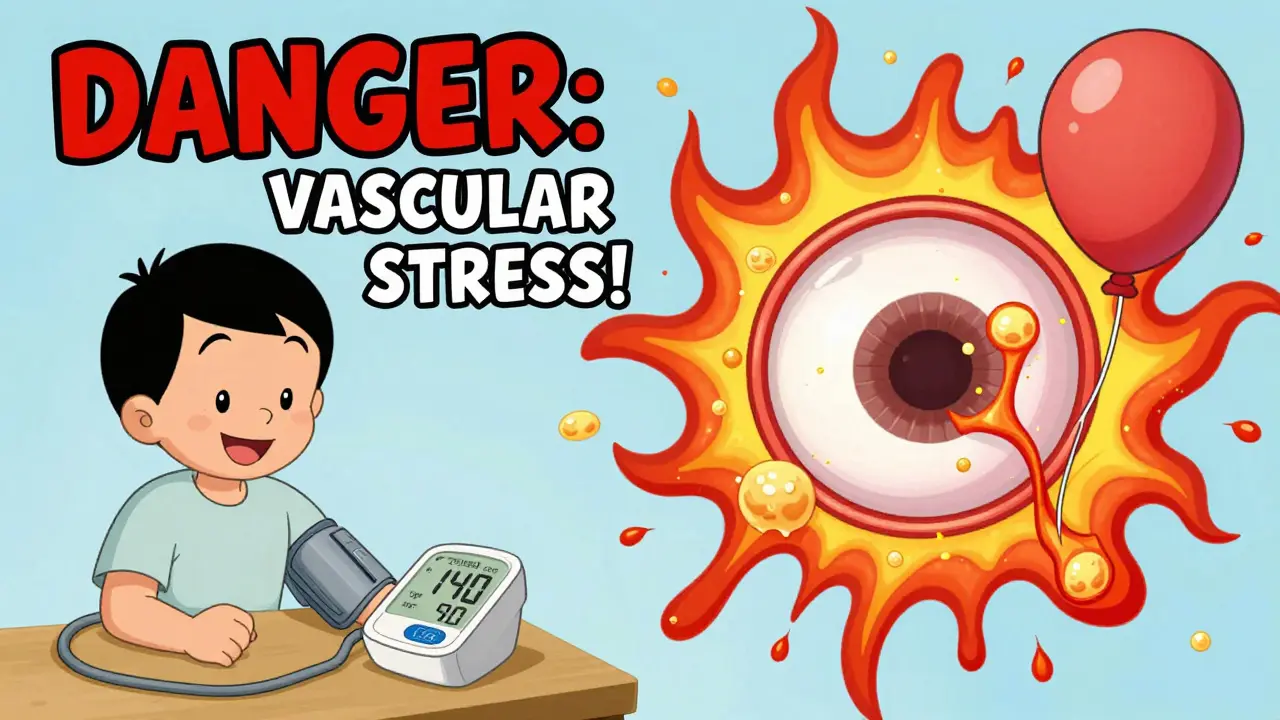 Split scene: person checking blood pressure at home vs. their eye in chaotic retinal damage with comic warning signs.