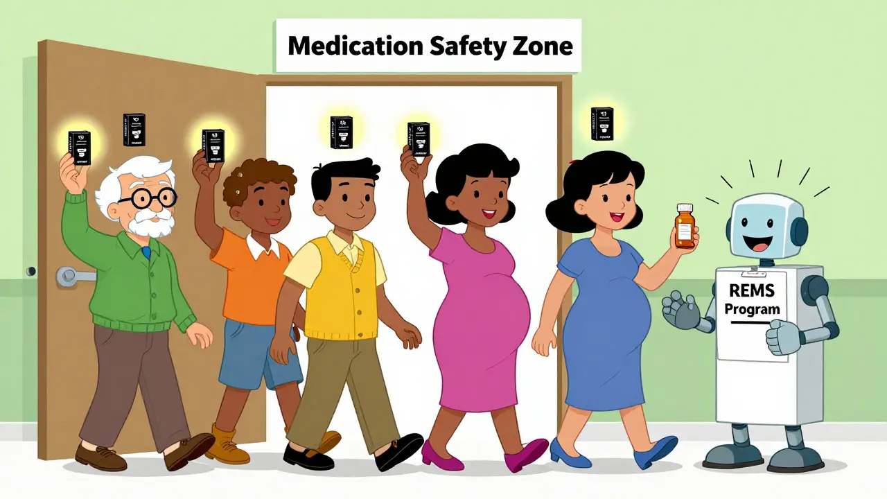A diverse group of people walking through a safety zone with glowing black box warnings above their pill bottles.