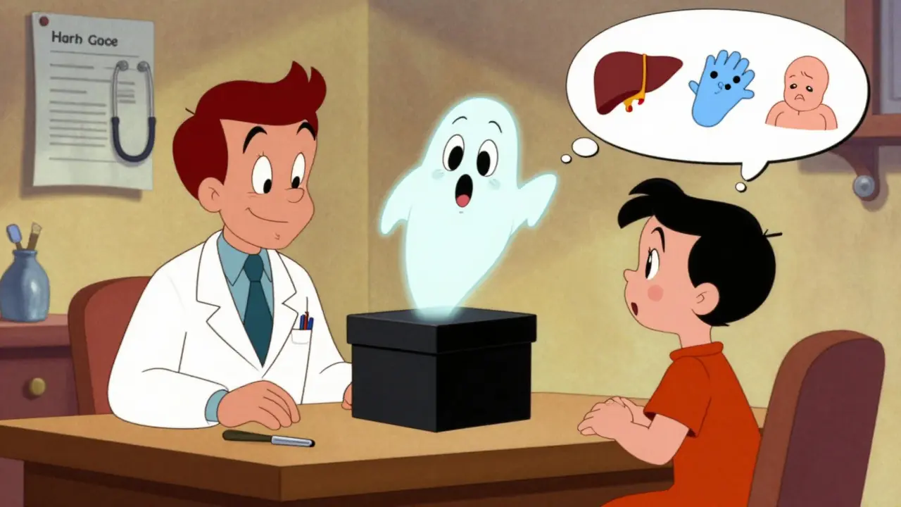 A doctor and patient discussing a floating black box warning with cartoon icons of medical risks between them.