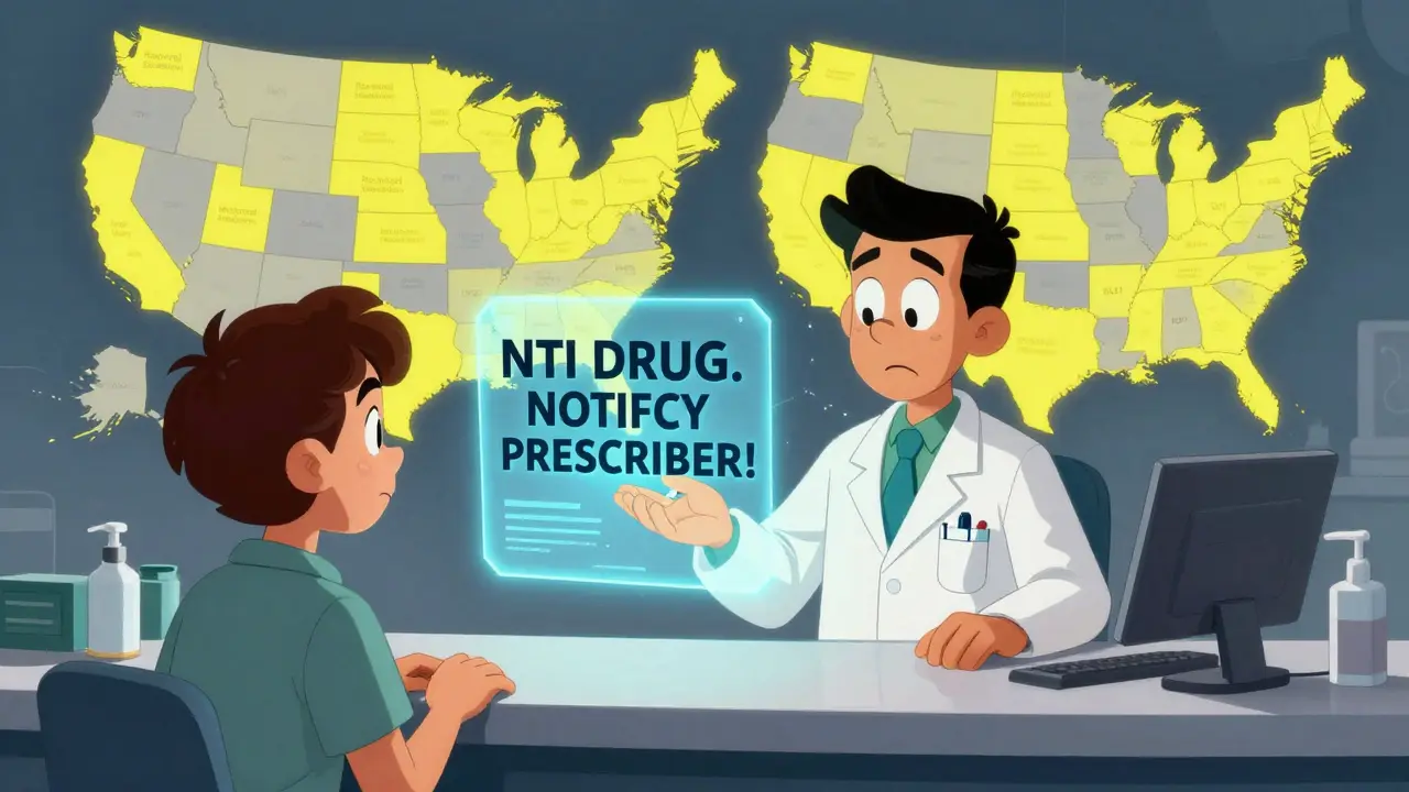 A pharmacist offers a generic pill while a digital alert pops up saying 'NTI DRUG. NOTIFY PRESCRIBER!' with U.S. state maps in the background.