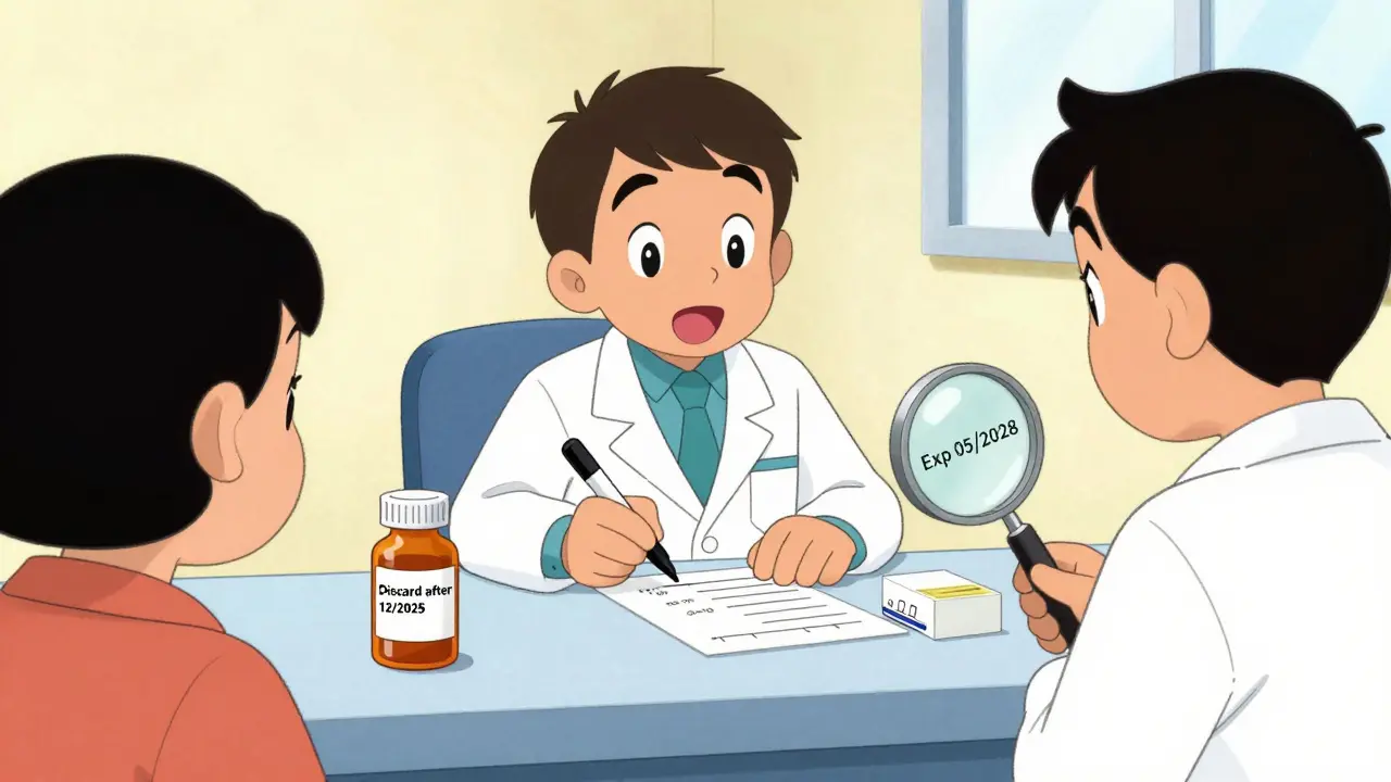 A pharmacist writes an expiration date on a prescription bottle while a patient watches.