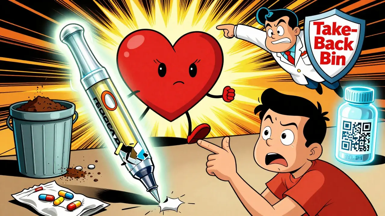 An expired EpiPen crumbles beside a new one as a pharmacist rescues it with a take-back bin.