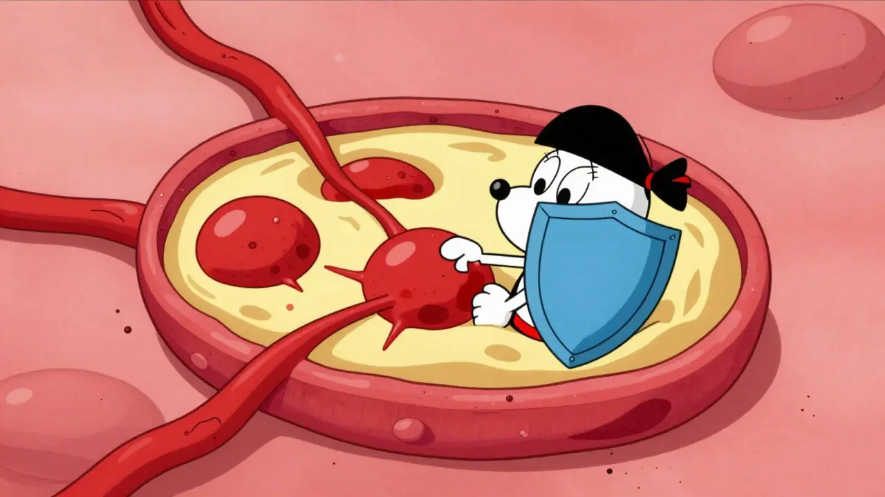 Cell with blocked VEGF pathways and blood vessels.