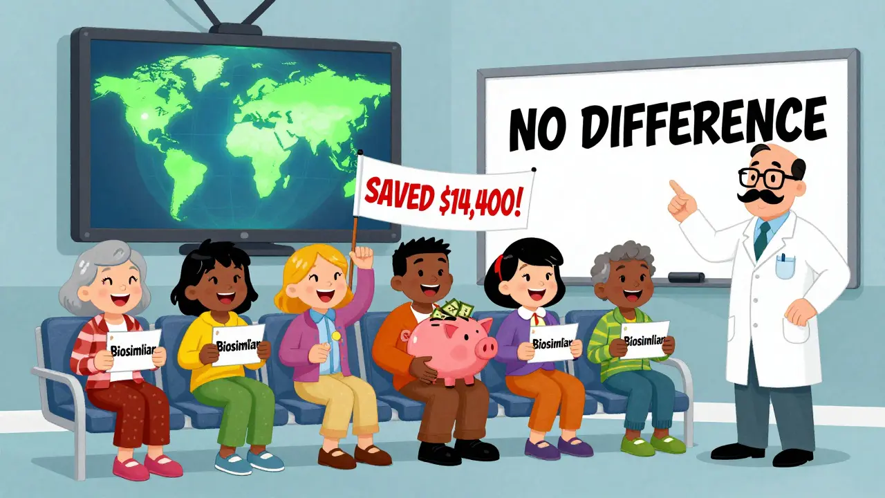 Diverse patients smiling in a waiting room with a piggy bank and 'saved ,400' banner.