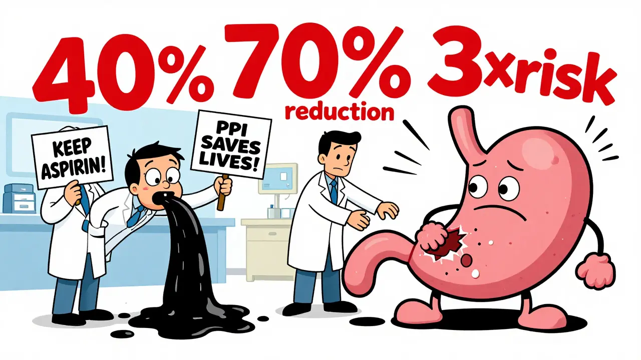 ER scene with patient vomiting black sludge, doctors holding signs about aspirin and PPIs.