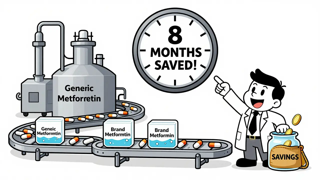 Factory conveyor with identical pills dissolving in stomach fluid as clock spins backward saving time