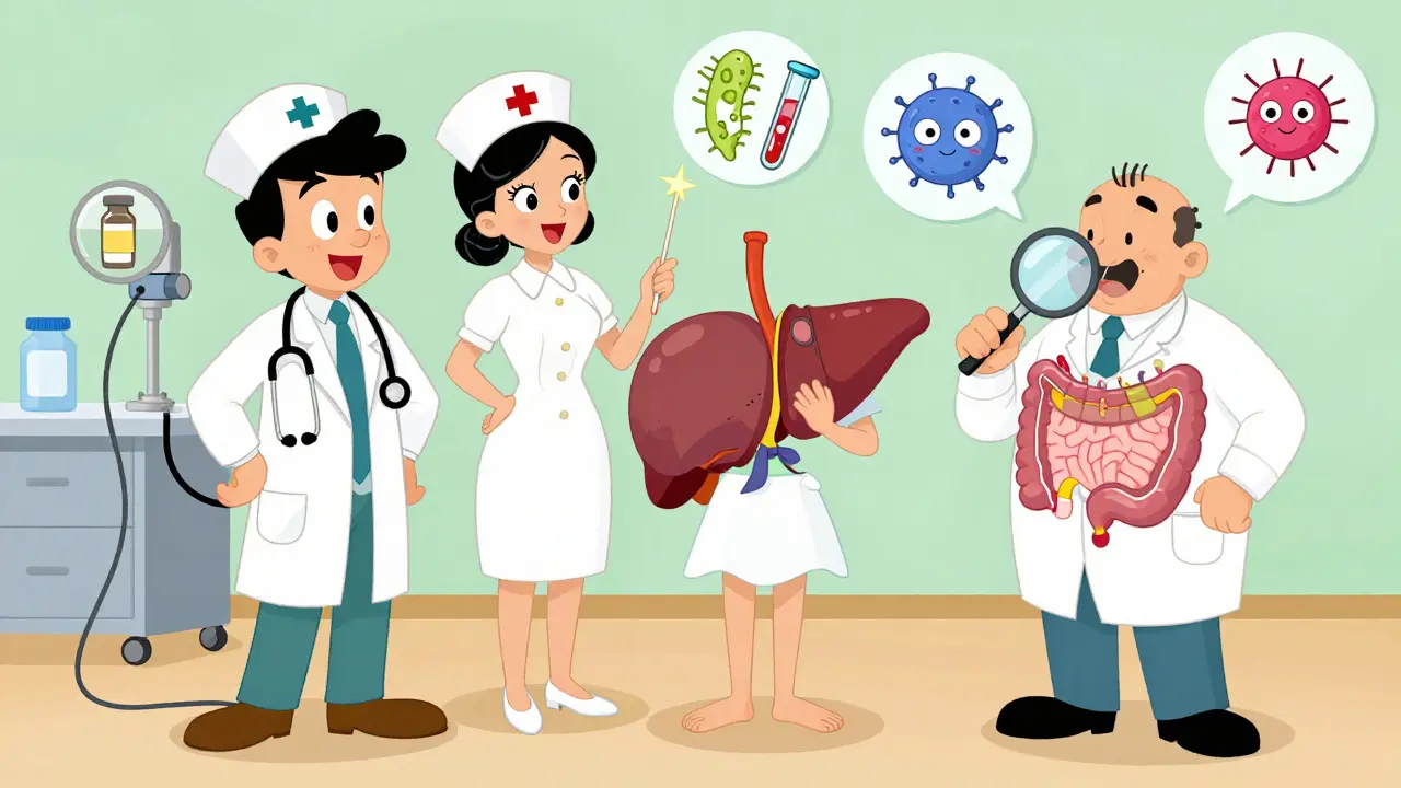 Medical team helping a patient with CGM and insulin pump in a whimsical Hanna-Barbera style.