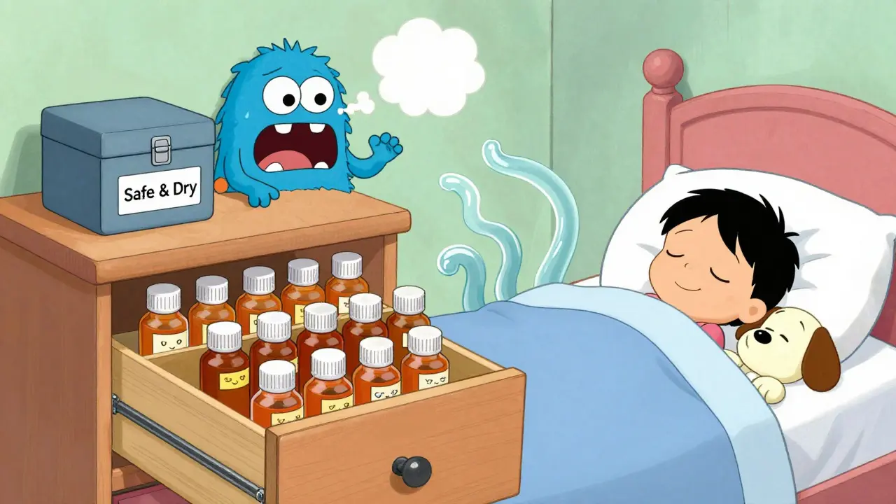 Neat medicine drawer in a bedroom with happy pill containers and a defeated humidity monster