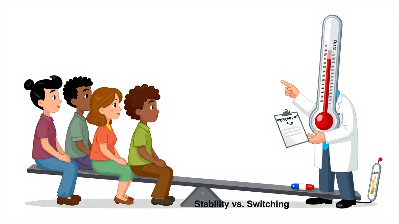 Patients on a seesaw labeled 'Stability vs. Switching' with brand and generic pills, a doctor monitors a rising thermometer labeled 'TOXIC'.