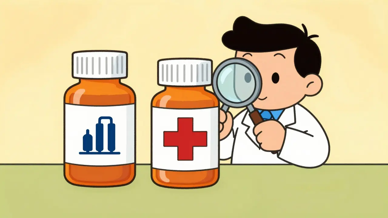 Pharmacist examining two pill bottles with factory and pharmacy symbols.