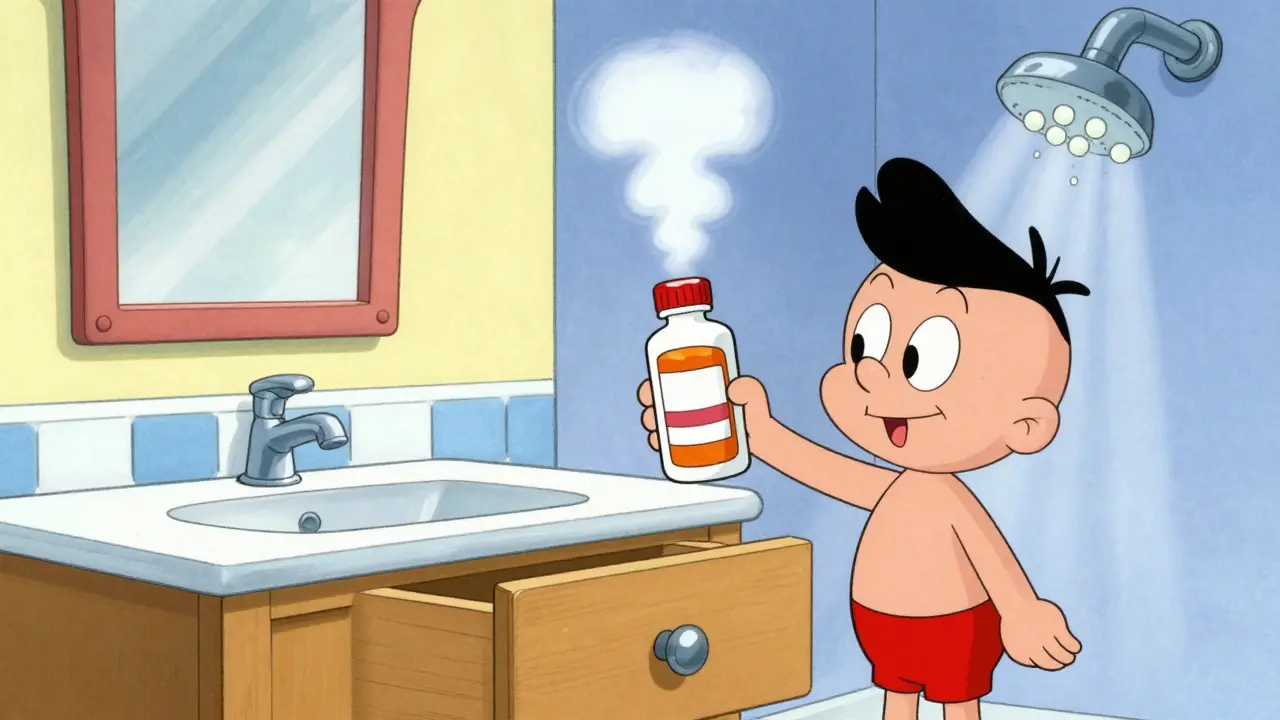 Pill bottle in steamy bathroom versus cool bedroom drawer storage.