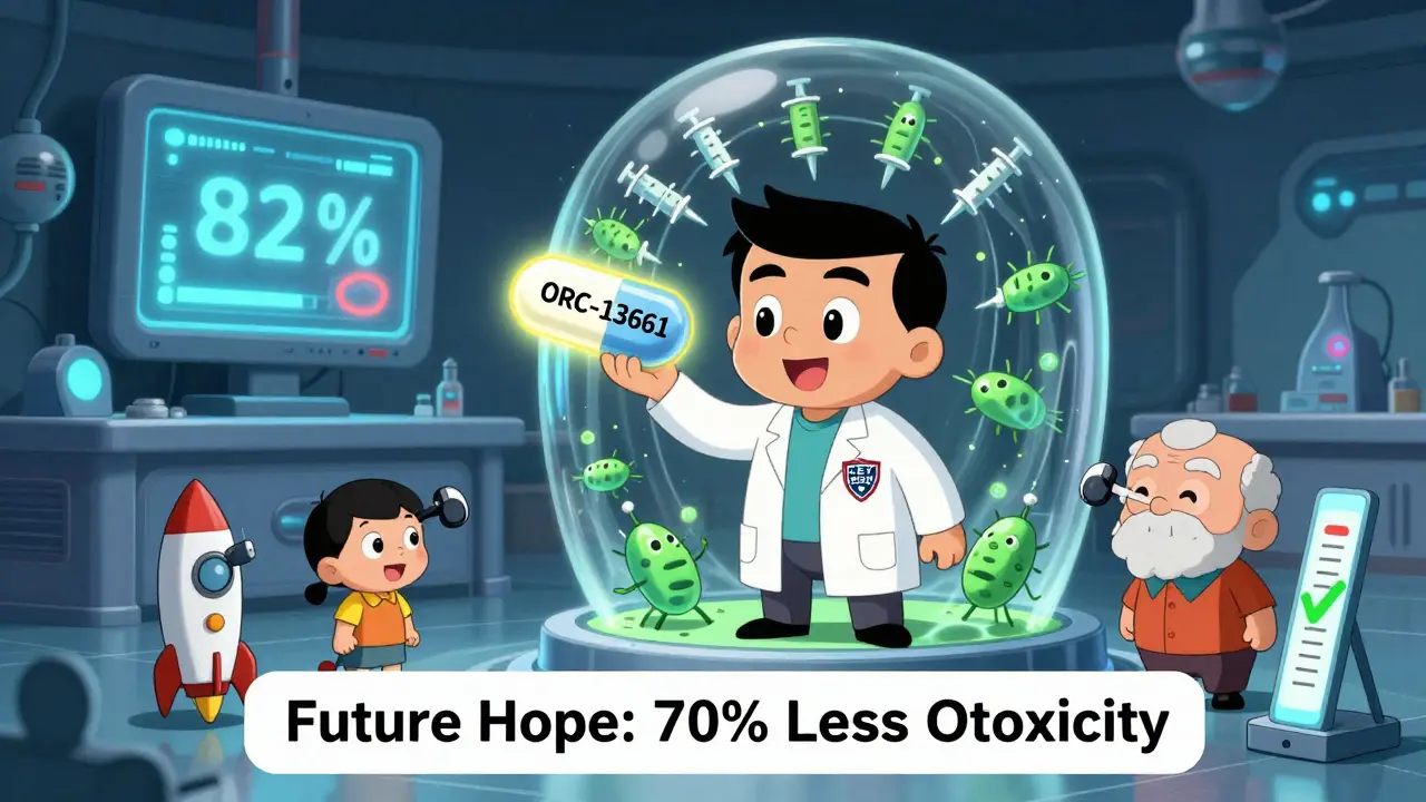 Scientist blocking ototoxic molecules with a protective pill, hair cells saved, genetic test glowing green.