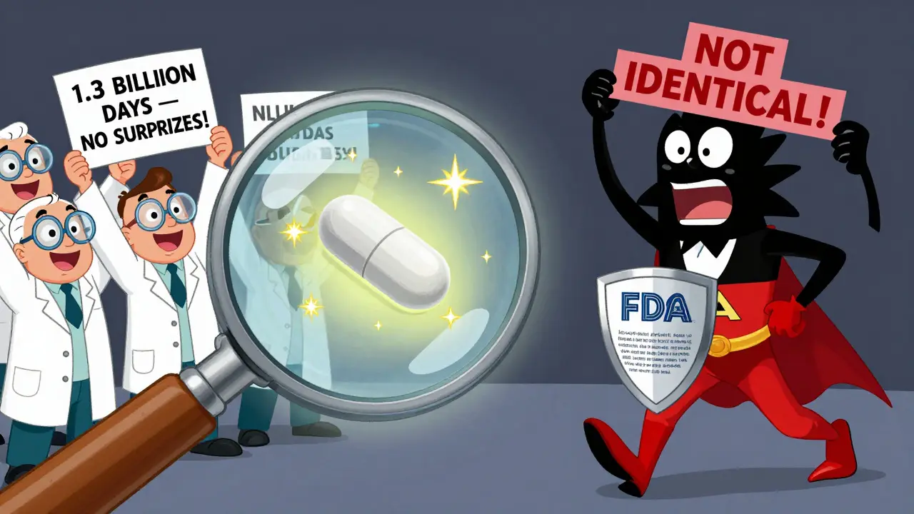 Scientists celebrating biosimilar safety data while chasing away a 'fear' monster with an FDA shield.