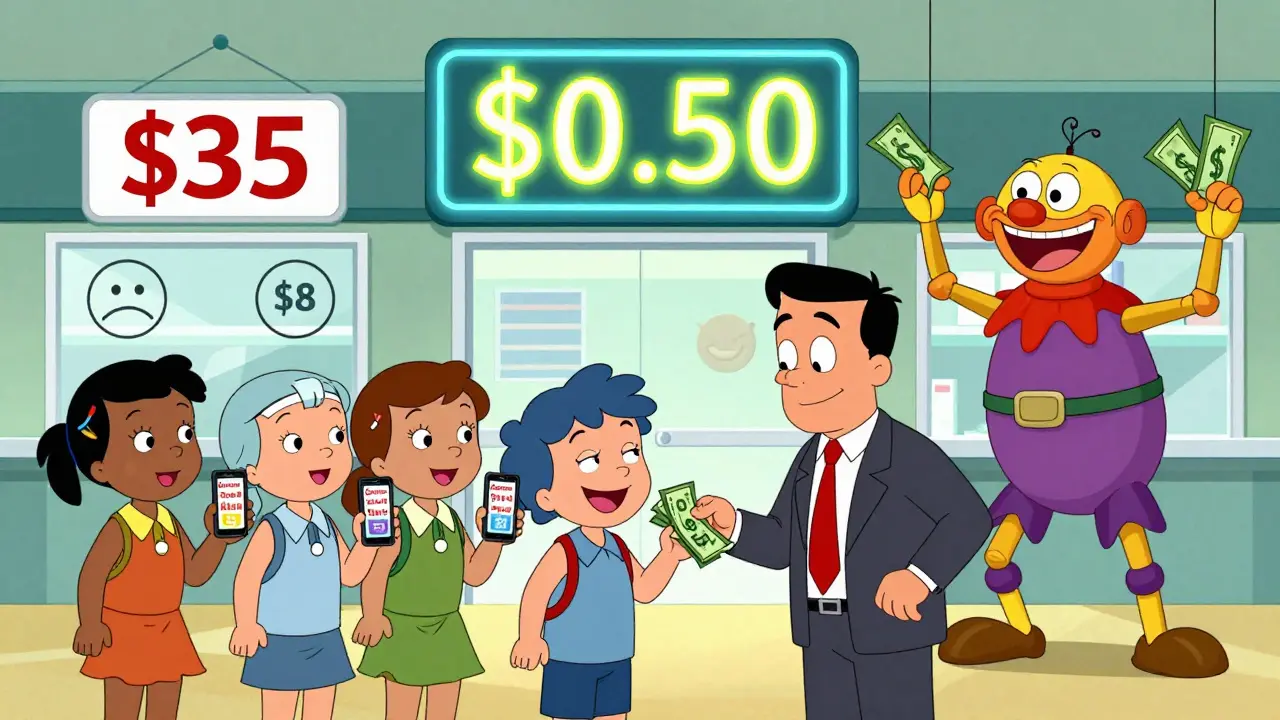 Three pharmacies with wildly different generic drug prices, a smiling patient receiving cash, and a puppeteer PBM pulling strings behind the scenes.