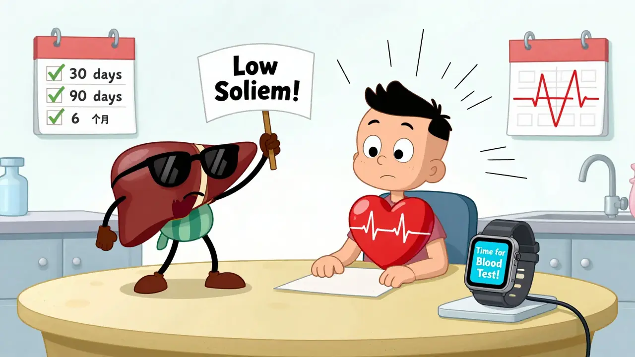 Whimsical floating lab results and calendar showing medication monitoring timeline.