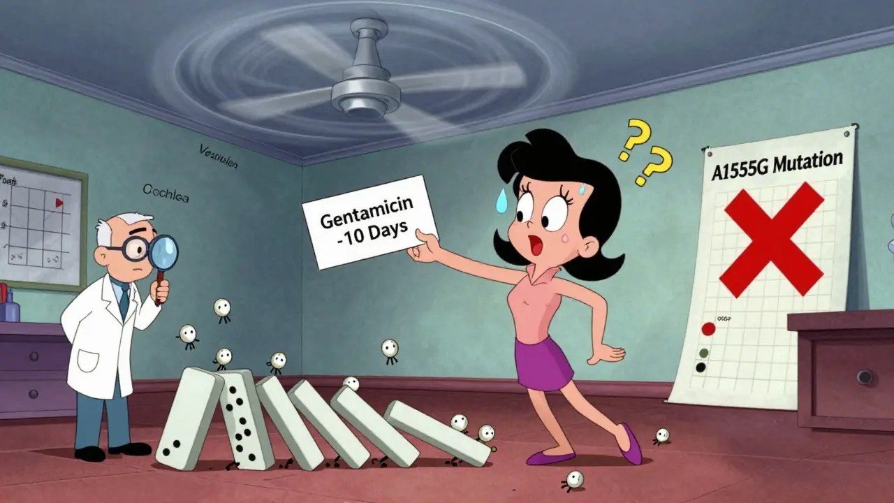 Woman stumbling in a tilted room as inner ear hair cells fall, with genetic mutation chart visible.