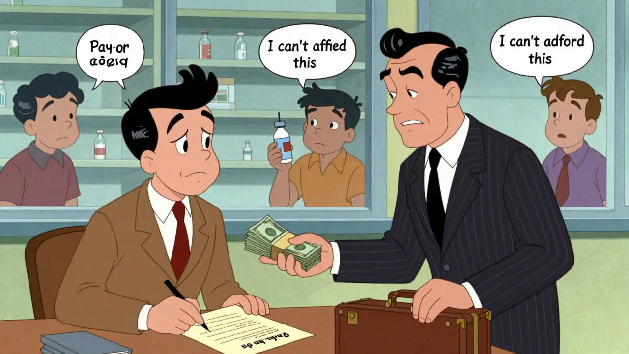 A corporate executive paying a generic manufacturer to delay drug launch, with patients watching helplessly.