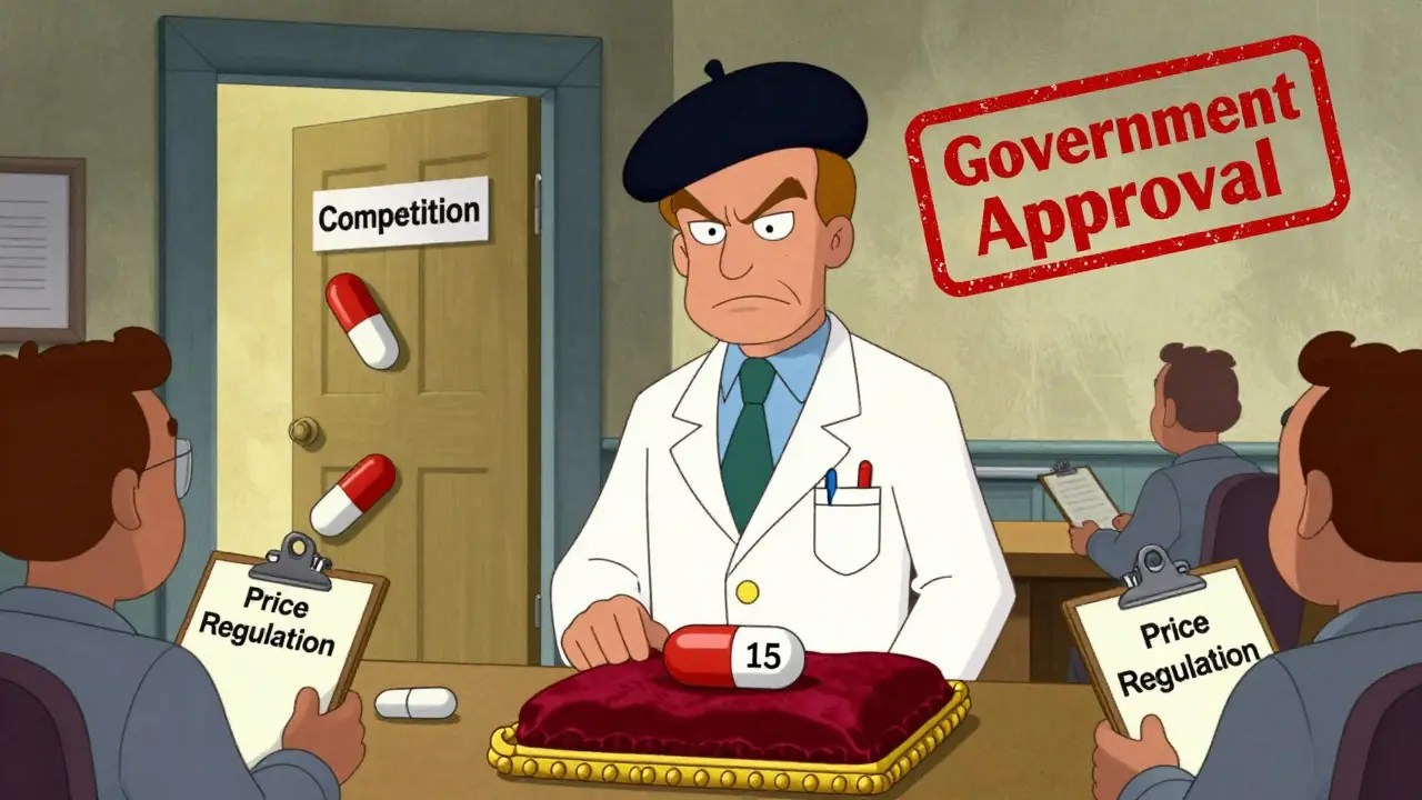 A European pharmacist guards an expensive €15 generic pill while bureaucrats block competition, in classic Hanna-Barbera style.