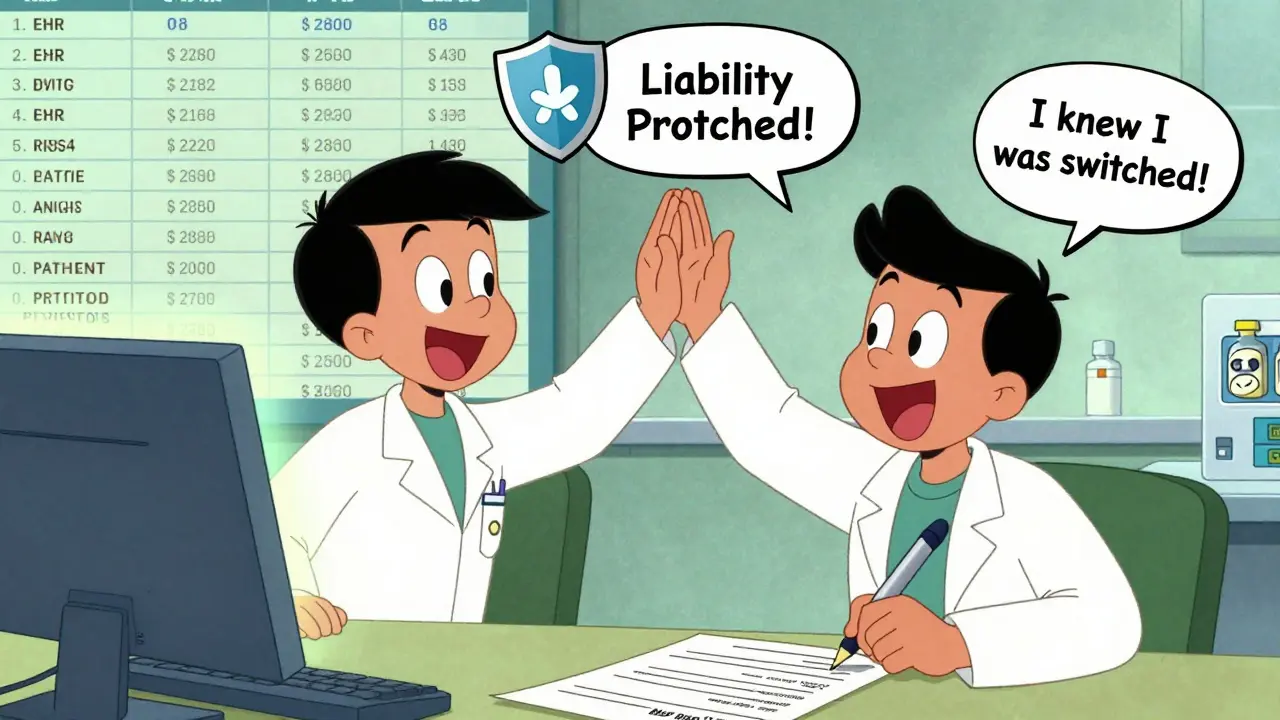 A pharmacist and patient sign a consent form while an EHR alert glows on screen, with substitution logs in background.