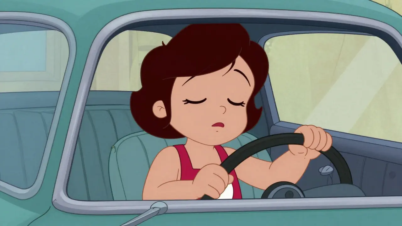 Cartoon driver nodding off behind the wheel showing impairment risk.