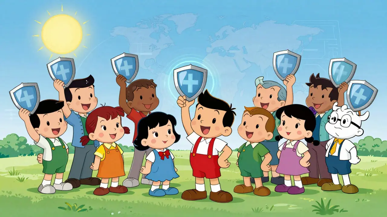 Cartoon illustration of happy diverse patients protected by medical safety standards.