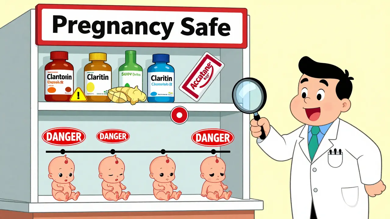 Cartoon pharmacy shelf with safe and dangerous pregnancy medications labeled clearly.