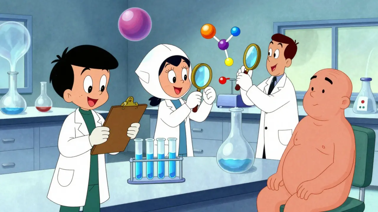 Cartoon scientist conducting bioequivalence tests in a retro laboratory.