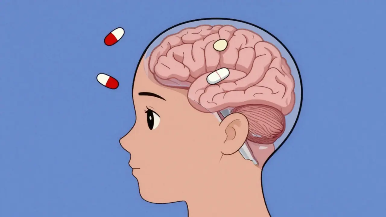 Illustration of pills crossing a barrier into a stylized brain.