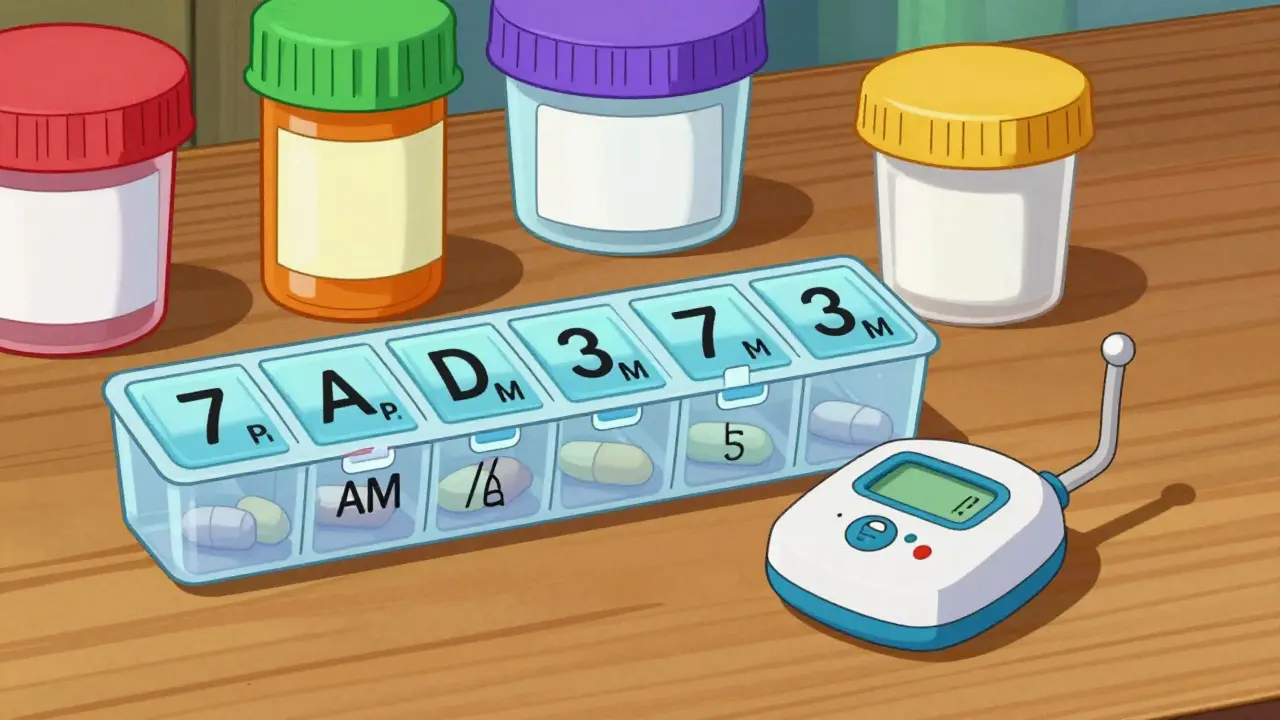 Medication management tools arranged on table