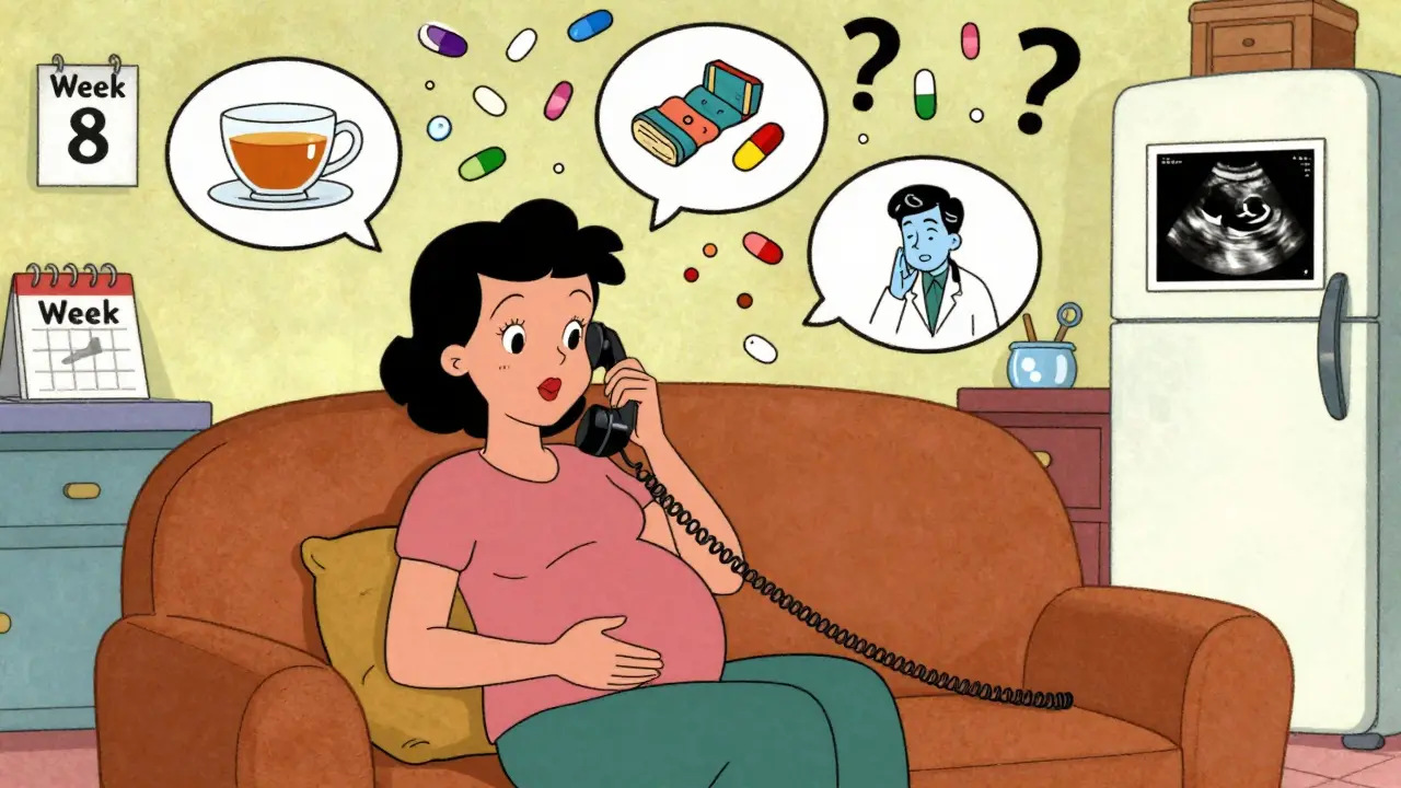 Pregnant woman talking to specialist on phone while safe alternatives float above her.