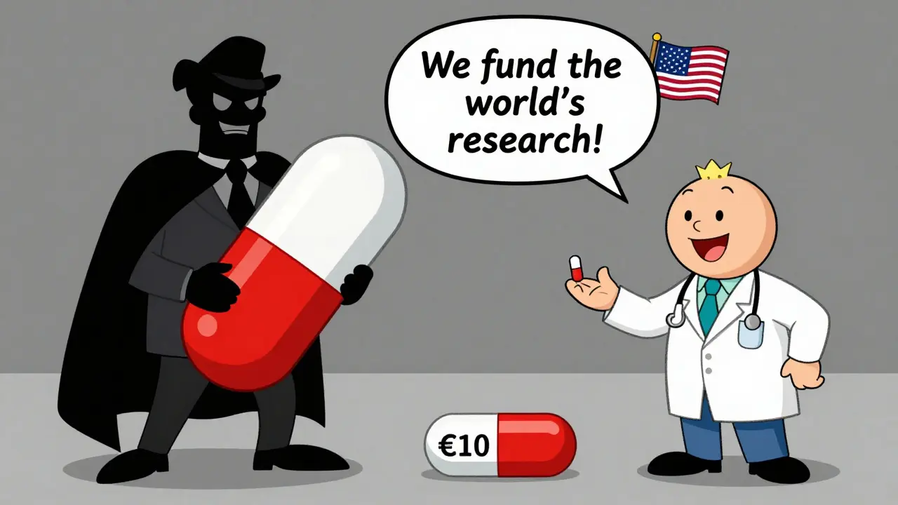 Split scene showing high U.S. brand-name drug prices vs low European prices, with a flag declaring the U.S. funds global drug research.