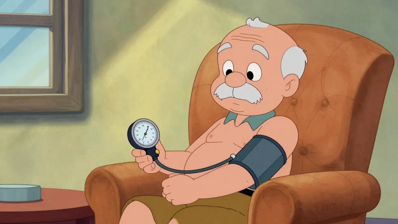 Cartoon character calmly monitoring blood pressure with manual cuff