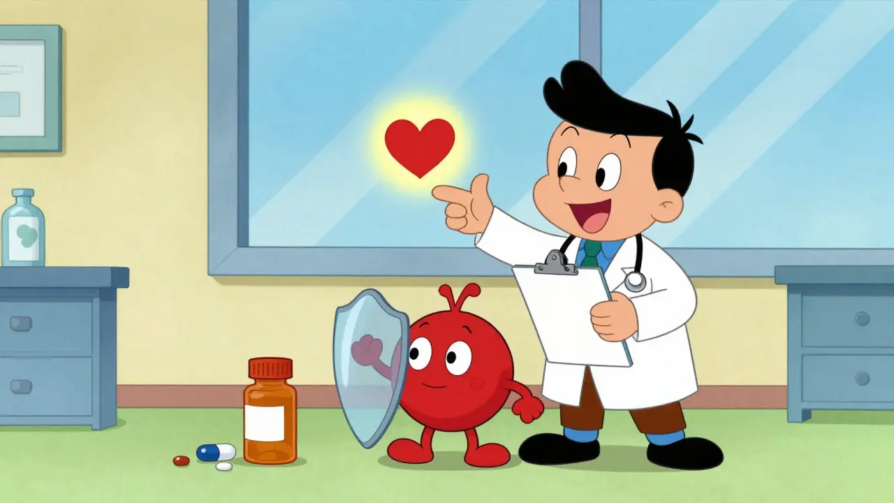 Cartoon doctor explaining heart protection and cholesterol medication in a bright clinic.