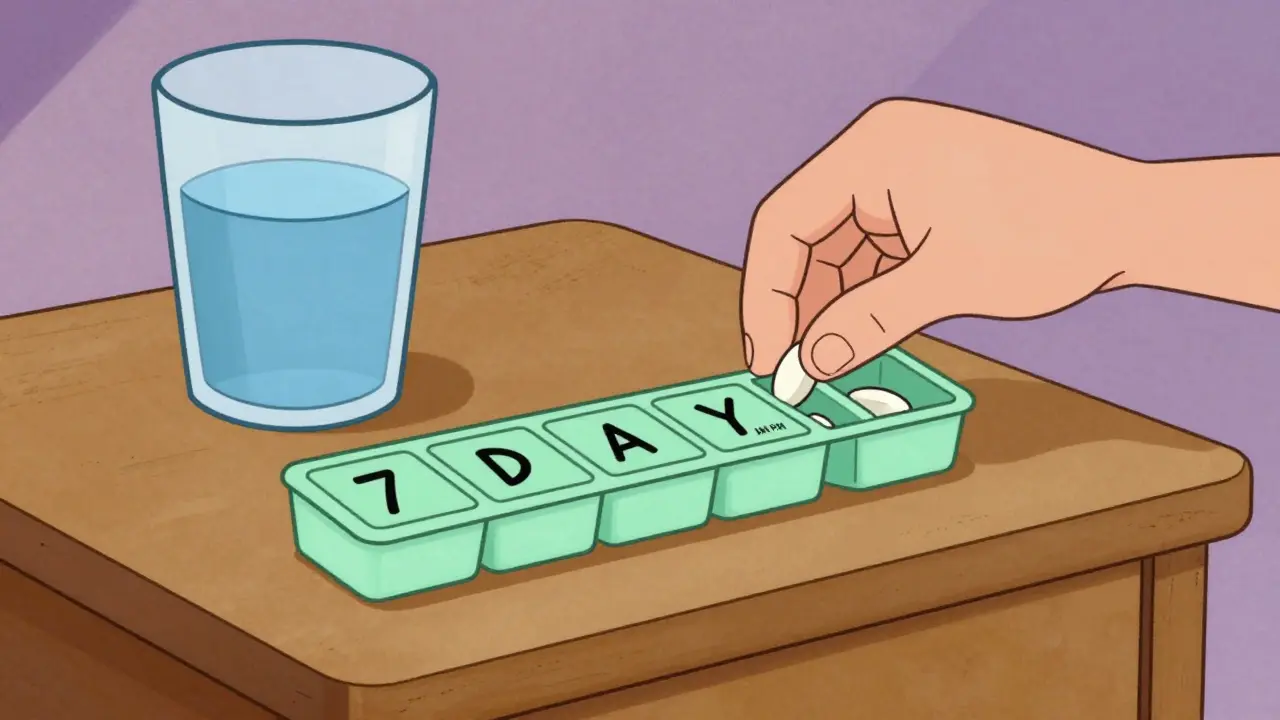 Cartoon hand filling a weekly AM/PM pill organizer on a bedside table