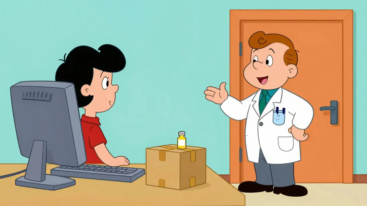 Cartoon illustration of a telehealth doctor visit and a home medication delivery