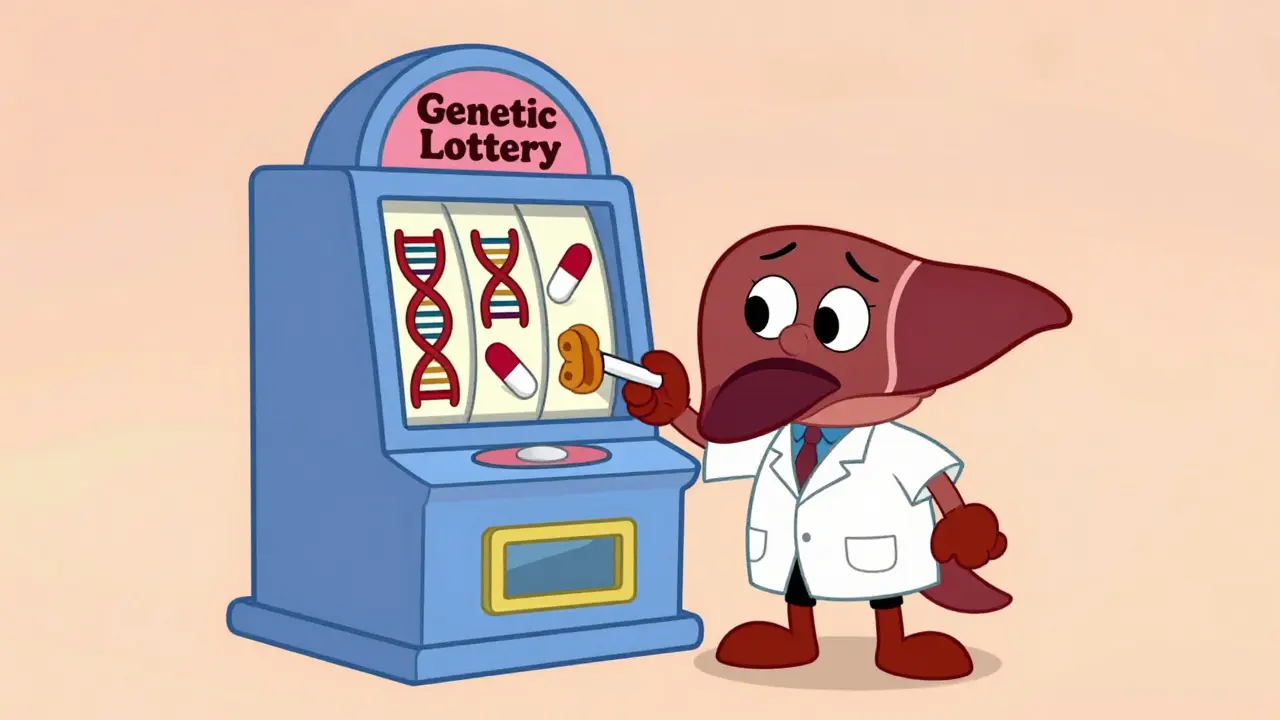 Cartoon liver operating a DNA slot machine for genetic testing