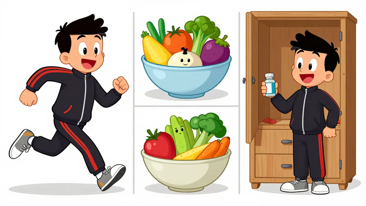 Cartoon panels showing jogging, healthy food, and proper medication storage