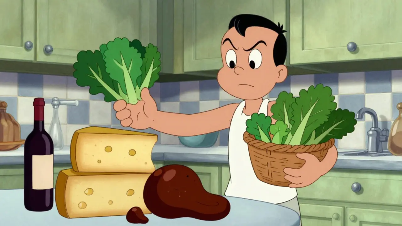 Cartoon person rejecting aged cheese and wine while holding fresh vegetables