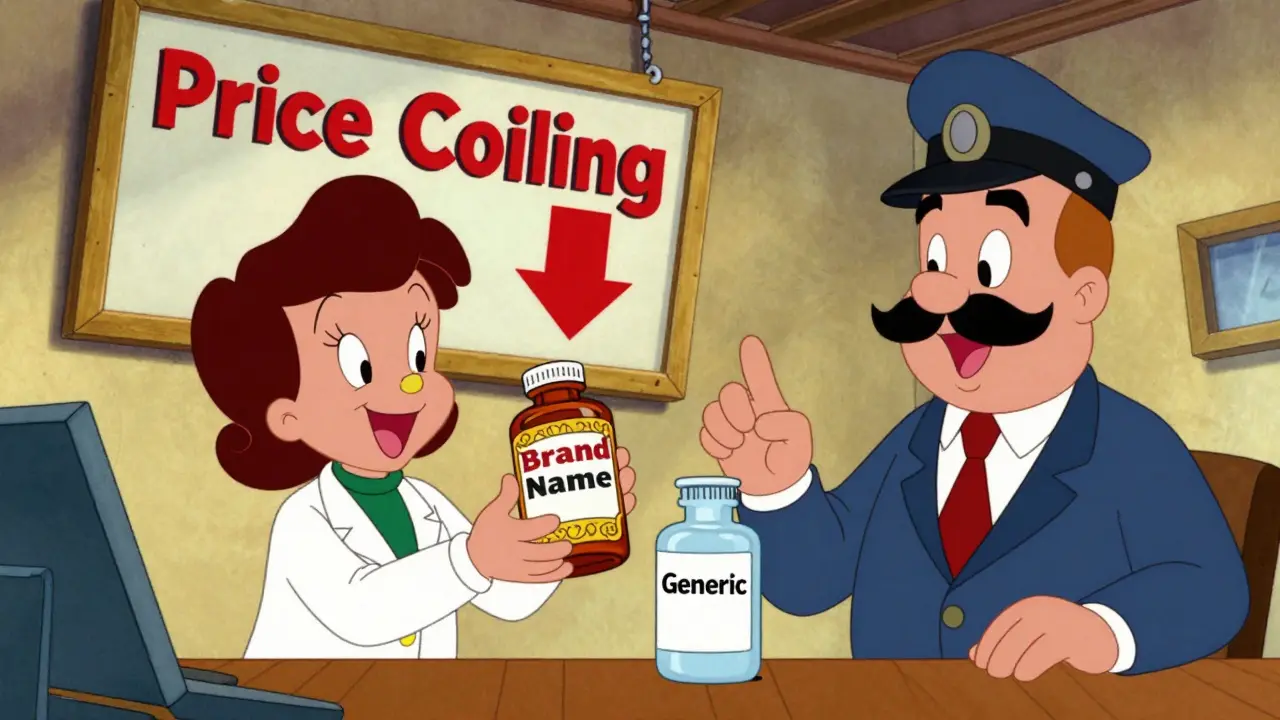 Cartoon pharmacist swapping a brand name drug for a generic version under a price ceiling sign