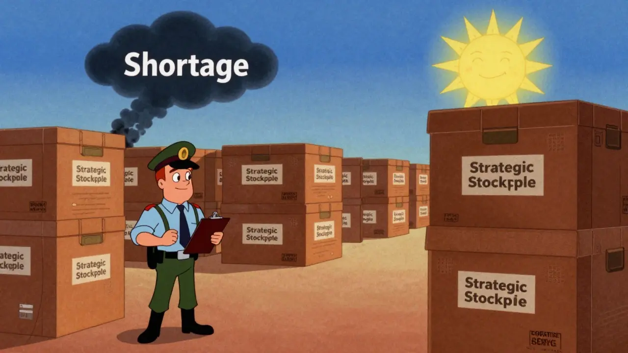 Cartoon warehouse with rows of generic medicine crates being protected from a shortage cloud