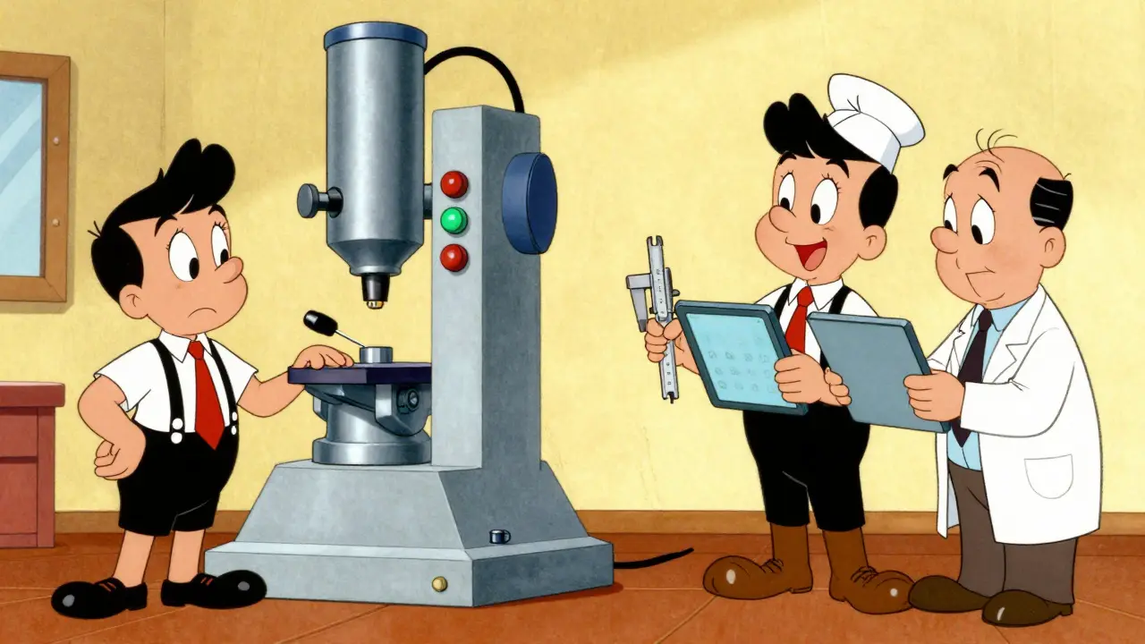 Comparison of a confused worker with a complex machine and a technician teaching a peer