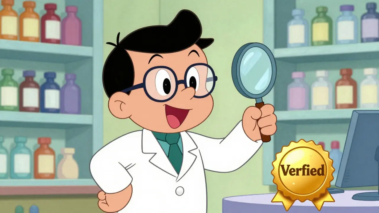 Friendly cartoon pharmacist verifying a prescription with a magnifying glass